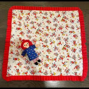 Raggedy Ann and Andy Ruffle Red Trim Blanket VTG 36” Square Plaid & Doll Bundle